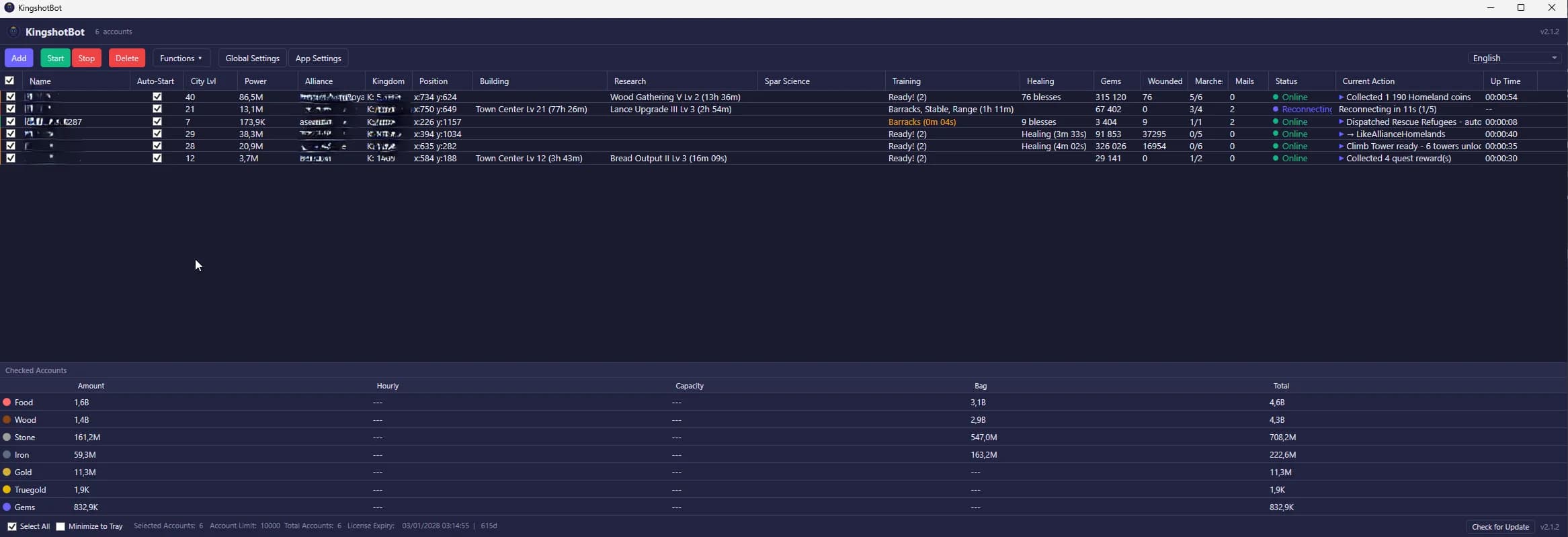 Kingshot Bot — Multi-account dashboard with real-time task tracking