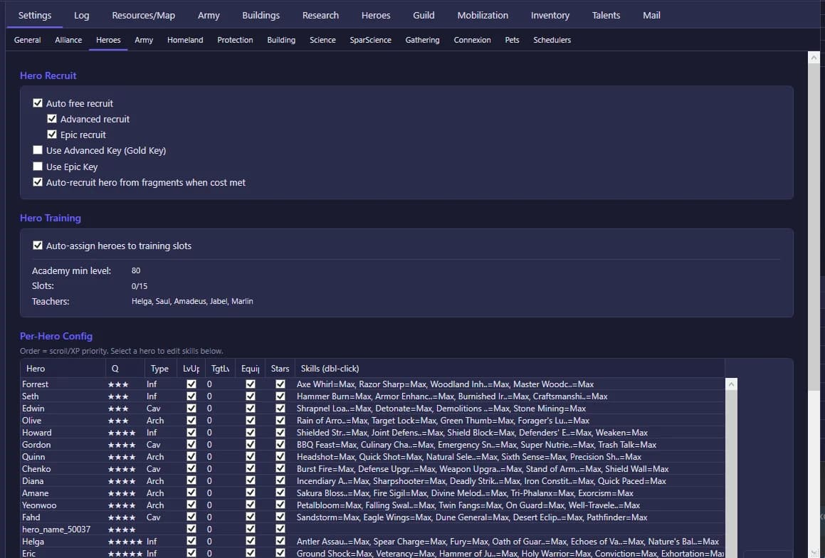 Kingshot Bot — Per-hero automation config with skill priorities