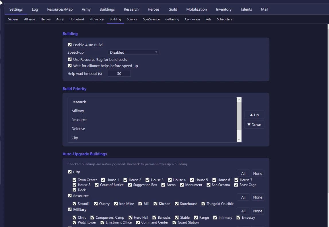 Building — priority queue & full auto-upgrade list