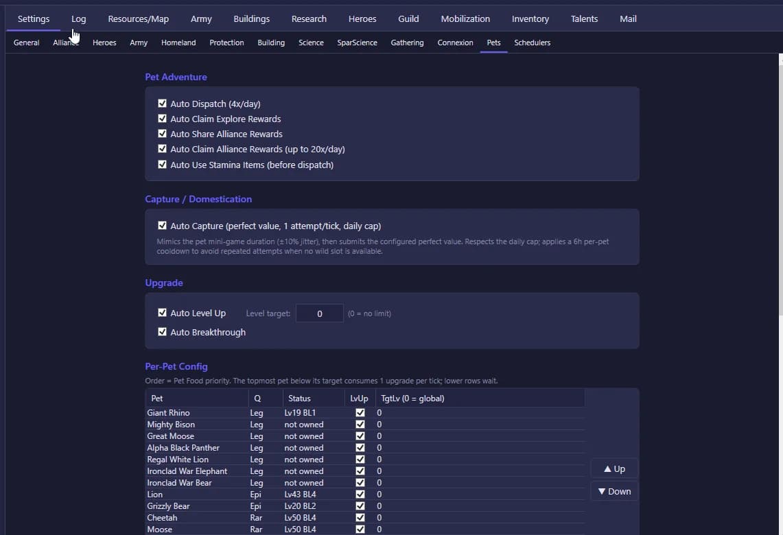 Pets — auto capture, adventure dispatch & per-pet levels