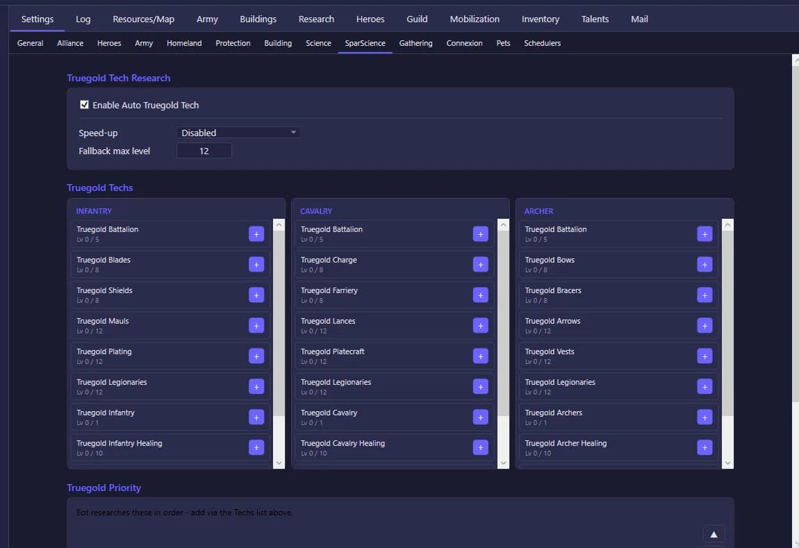 SparScience — Truegold Tech automation by troop type