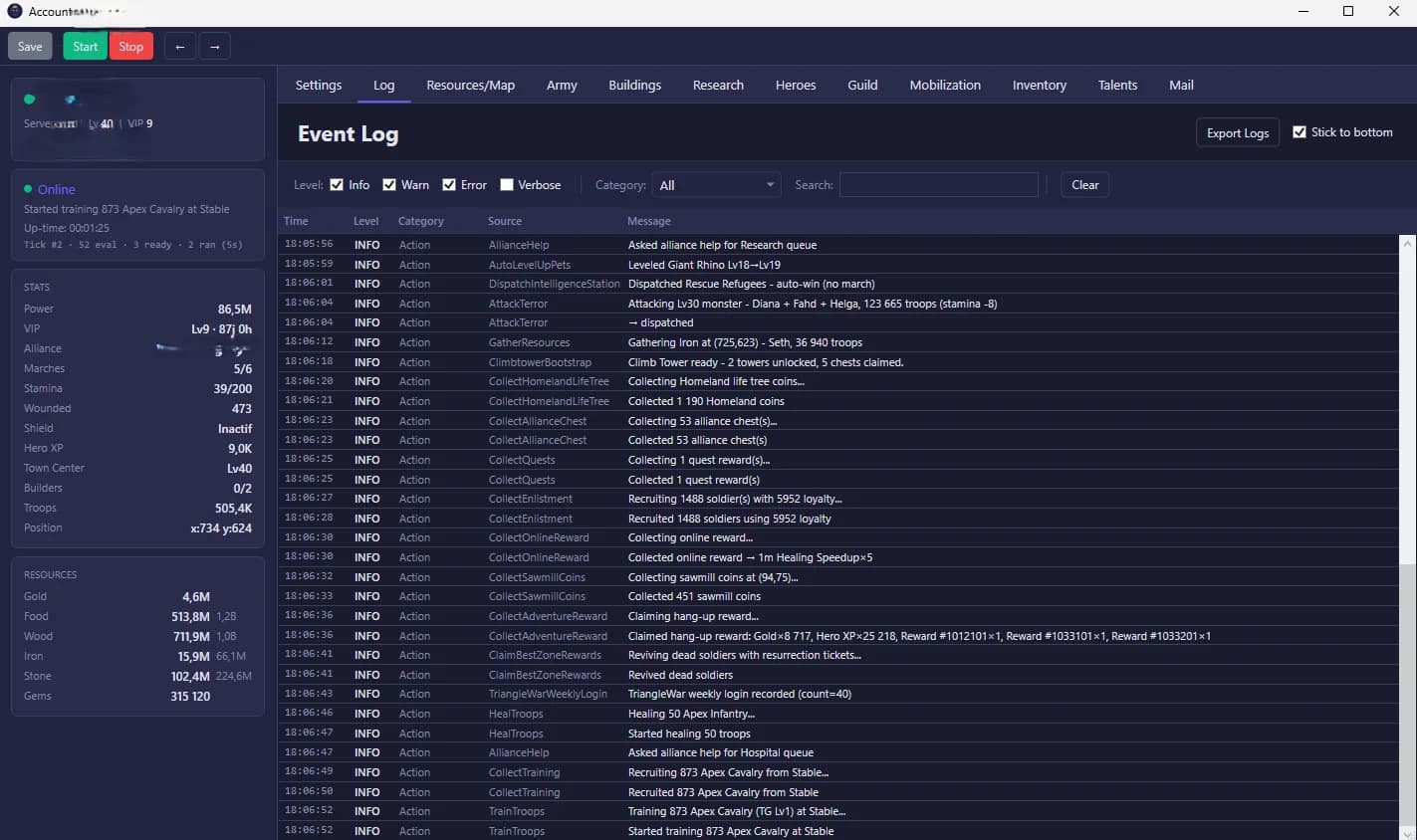 Kingshot Bot event log — all automated actions tracked in real time
