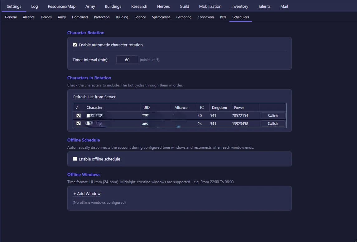Kingshot Bot scheduler — configure task timing and daily automation windows